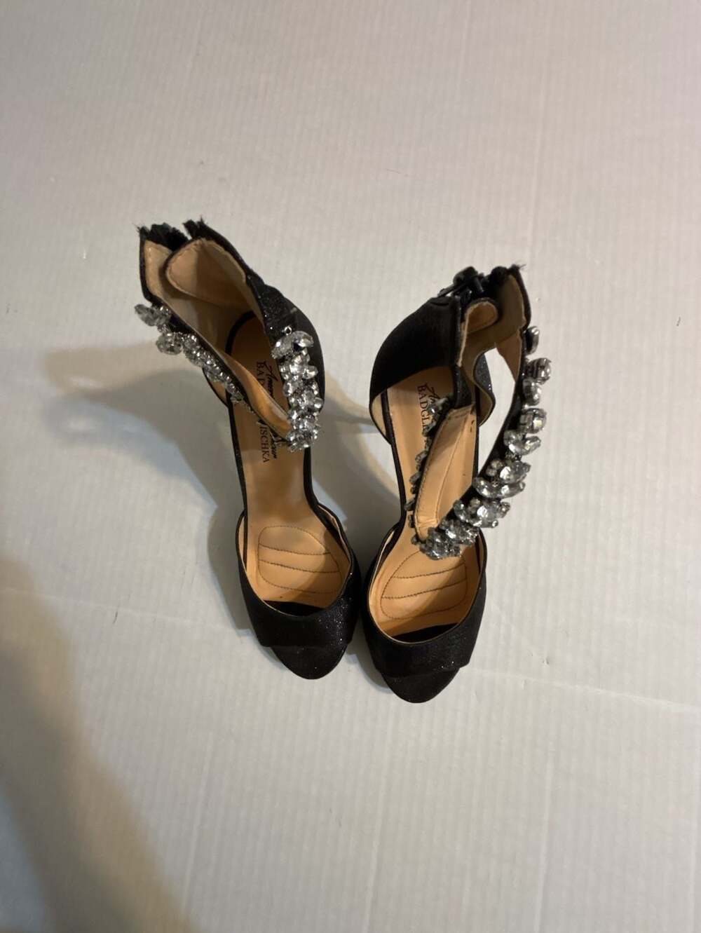 American Glamour Badgley Mischka Black Glitter Embellished Ankle Strap Heels